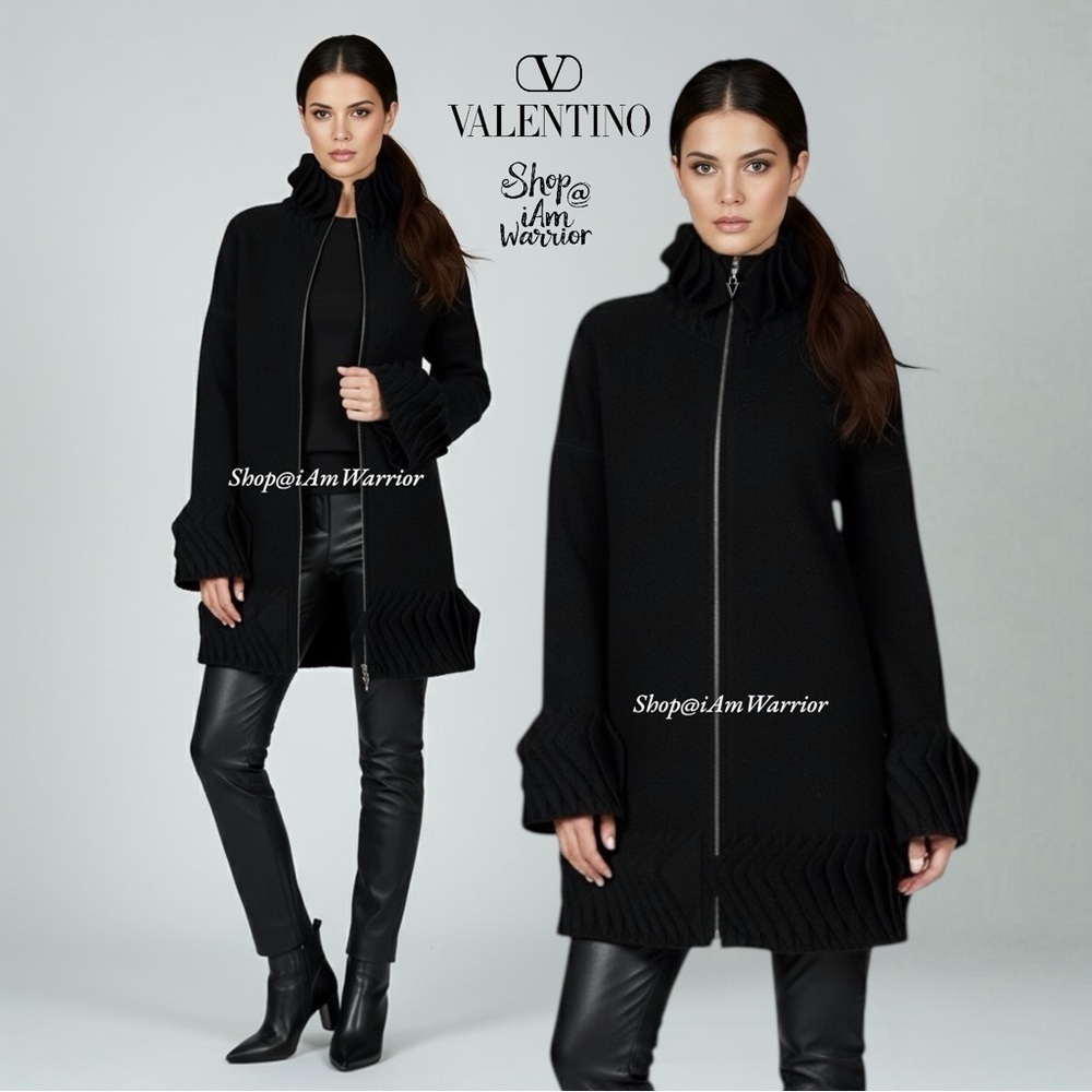 Valentino Vintage Black Boiled Wool Pleated Sculptural Couture Sweater Coat - Picture 3 of 4